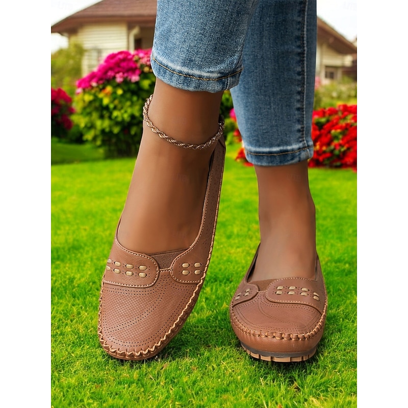 Women's Comfortable Brown Faux Leather Slip-On Loafers with Stitching Detail for Everyday Wear3