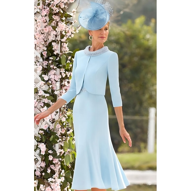 Dress Sets Mother of the Bride Formal Wedding Guest Elegant Vintage Jewel Neck Tea Length Stretch Fabric 3/4 Length Sleeve with Lace Pearls Race Day Dress