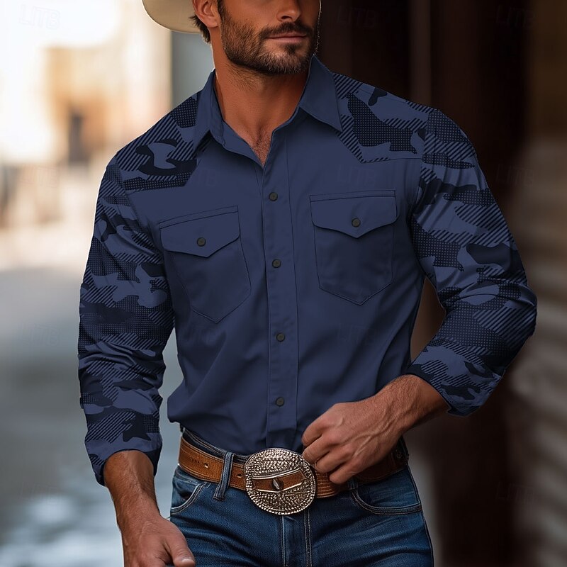 Men's Camouflage Western Shirt Long Sleeve Western Sports Outdoor Spring Fall Turndown Button Up 2 Pockets White Blue Brown Green3