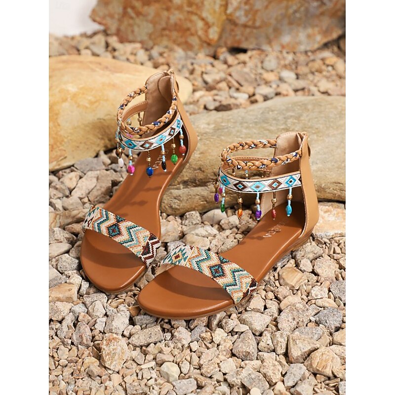 Women's Bohemian Beaded Ankle Strap Sandals – Tribal Print Flat Summer Shoes for Casual Beach Outings2