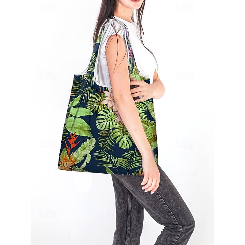 Reusable Foldable Shopping Bag with Tropical Print – Large Capacity Eco-Friendly Tote for Women, Lightweight and Durable for Groceries, Travel or Beach Use Blue Green3