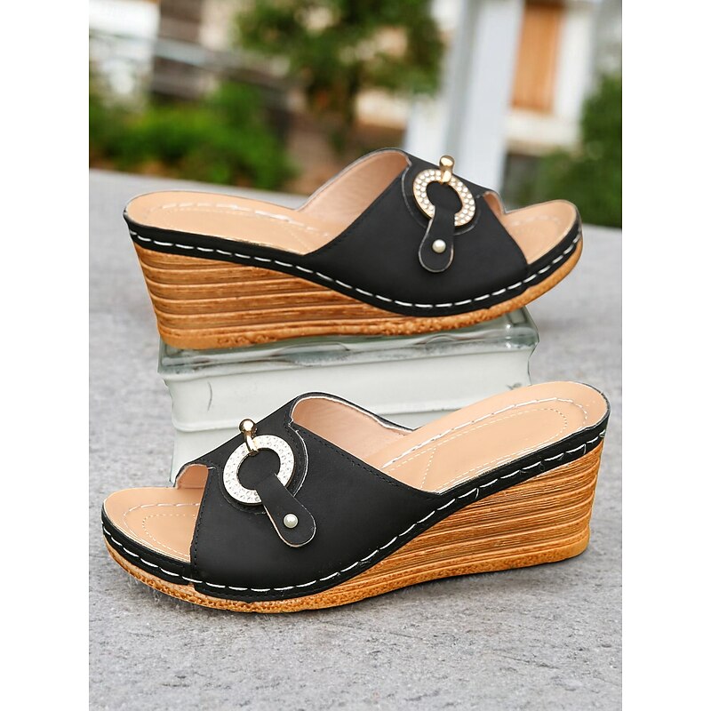 Blue Open-Toe Wedge Sandals for Women - Comfortable Slip-On Shoes with Rhinestone and Faux Pearl Accents4