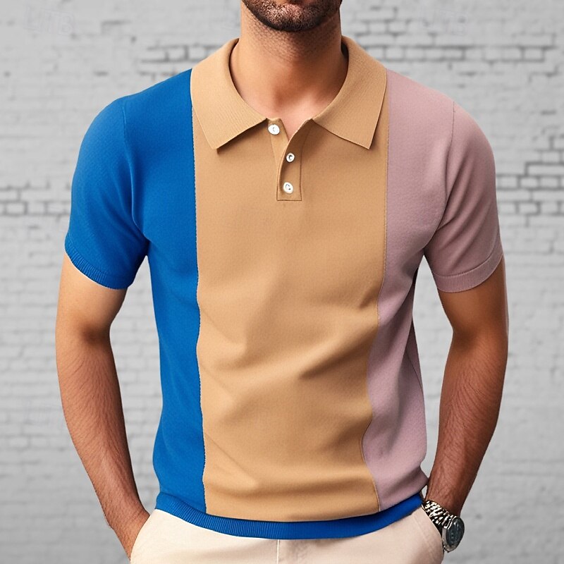 Men's Button Up Polos Golf Shirt Casual Sports Lapel Short Sleeve Fashion Basic Color Block Patchwork Buttons Summer Apricot Button Up Polos