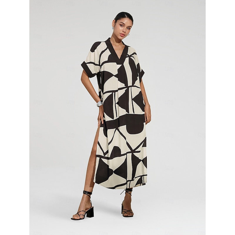 Women's White Short Sleeve Geometric Black and White Geometrical V Neck Loose Fit Double Slit Spring & Summer Spring and Summer Geometric Pattern Comfortable Loose Vacation S M L4