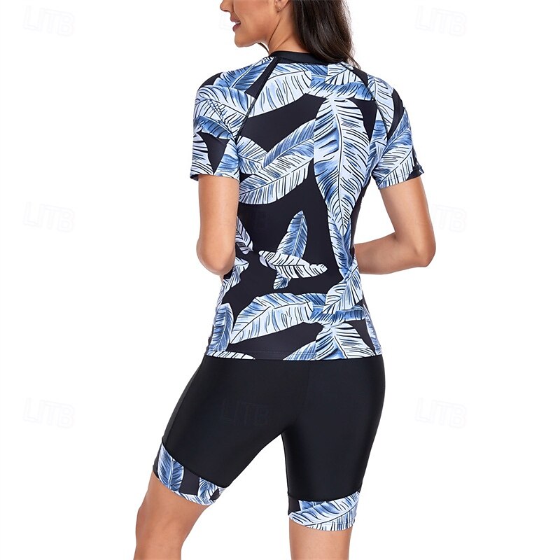 Women's Two Piece Swimsuit UV Sun Protection Lightweight Short Sleeve Swimwear Swimsuit 2 Piece Front Zip Swimming Surfing Beach Water Sports Tropical Printed Summer Spring Autumn4
