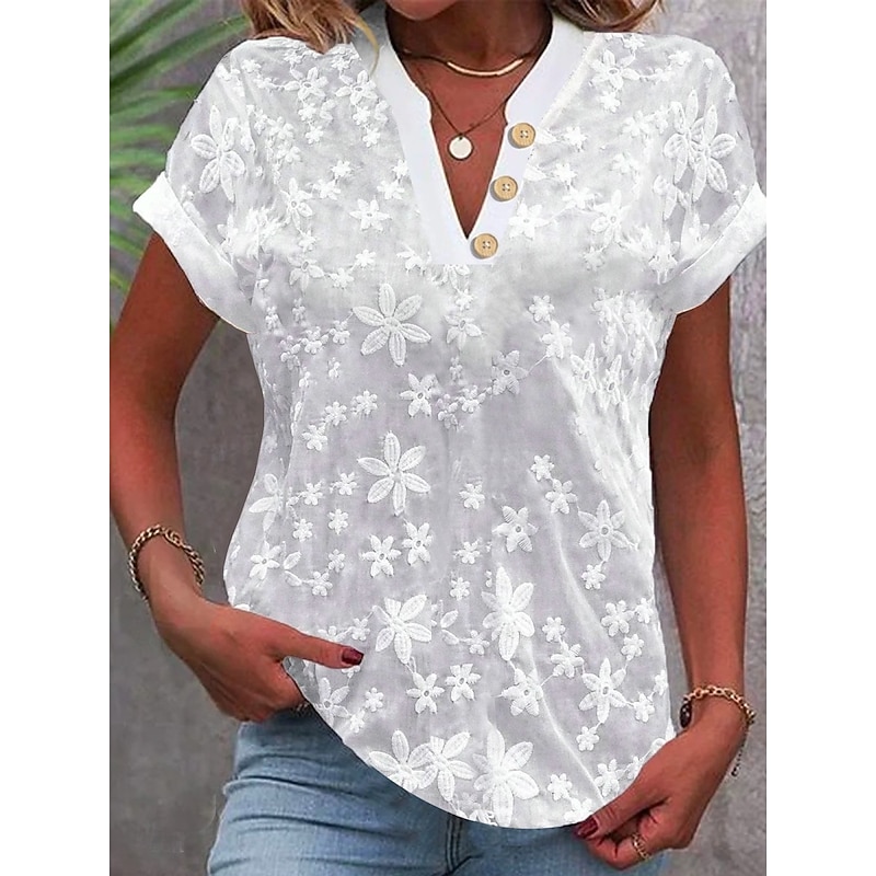 Women's Shirt Blouse Solid Color Stylish Casual Short Sleeve Notched Neck Regular Tops Daily Lace Patchwork Buttons Black White Blue Khaki Summer