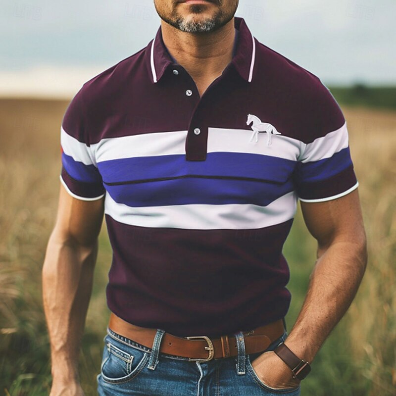 Men's Horse Striped Rugby Polo Short Sleeve Polo Shirts Collared Shirts Casual School Outdoor Sports Daily Wear 3D Print Summer Red Brown Green3
