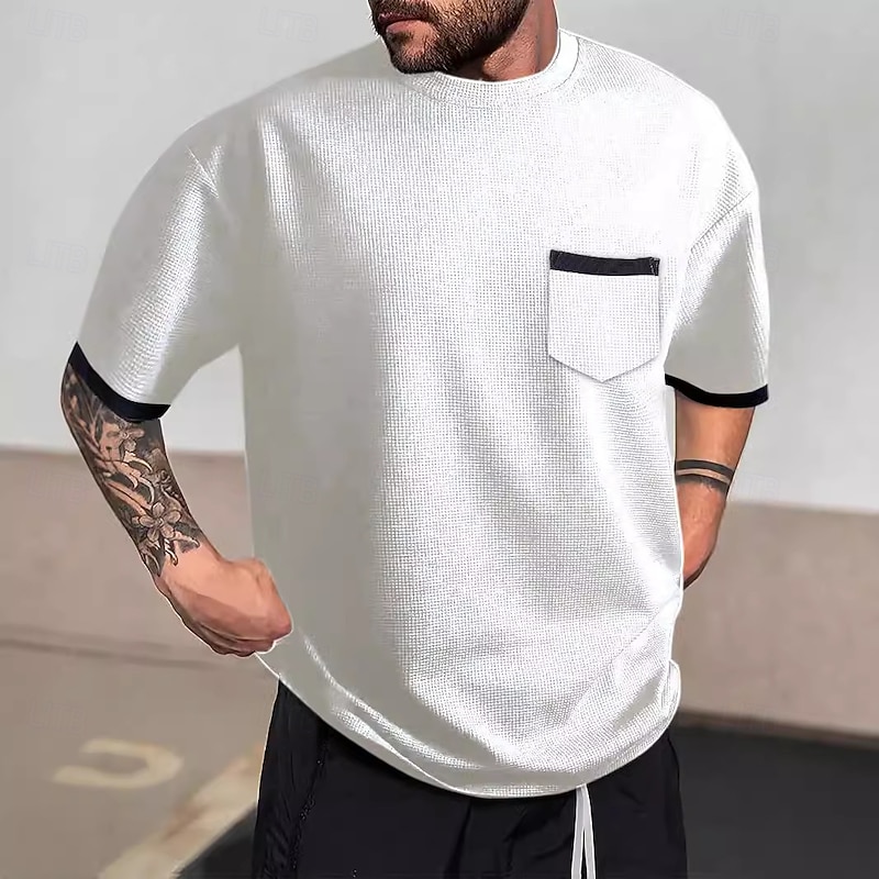 Men's Waffle Knit Tee Tee Top Short Sleeve Crew Neck Summer Color Block Fashion Designer Comfortable Front Pocket Outdoor Casual Daily Black White Brown Top Tee for Men