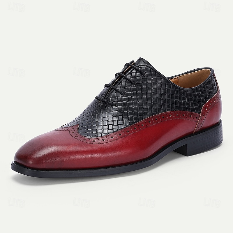 Men's Red and Black Woven Leather Oxford Shoes – Premium Cowhide, Brogue Detailing, Formal Dress Shoes for Business Meetings and Special Occasions2