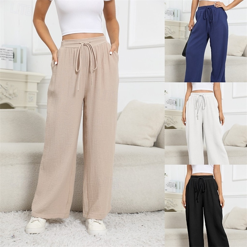Women's Cotton Linen Pants Pants Trousers Lightweight Casual Full Length Mid Rise Plain Pocket Drawstring Breathability Comfortable Inelastic Casual Daily Weekend Dark Blue Summer Spring Regular Fit