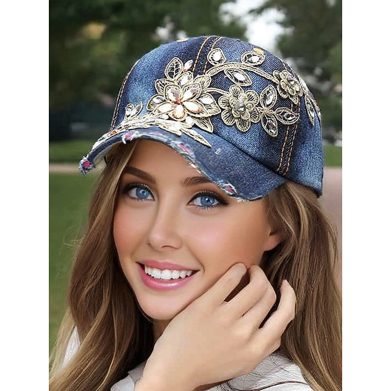 Women's Floral Embellished Denim Baseball Cap with Rhinestone and Beaded Details – Trendy Casual Hat for Outdoor, Daily Wear and Summer2