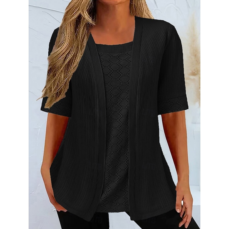 Women's Shirt Blouse Solid Color Stylish Casual Short Sleeve Crew Neck Regular Tops Daily Lace Patchwork Black Green Summer4