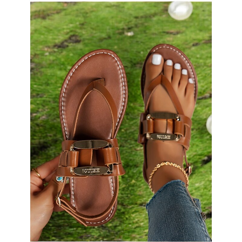 Women's Tan Flat Sandals with Gold Buckle Detail – Stylish Casual Summer Footwear for Beach, Vacation and Everyday Wear4