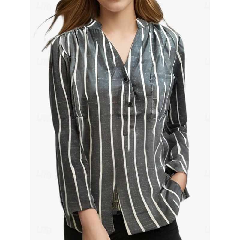 Women's Shirt Blouse Striped Stylish Casual Long Sleeve Shirt Collar Regular Tops Daily Buttons Print White Khaki Gray Summer Spring2