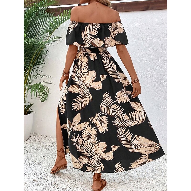 Women's Maxi Dress Casual Dress A Line Dress Stylish Casual Vacation Daily Regular Fit Leaf Short Sleeve Off Shoulder Black Summer2