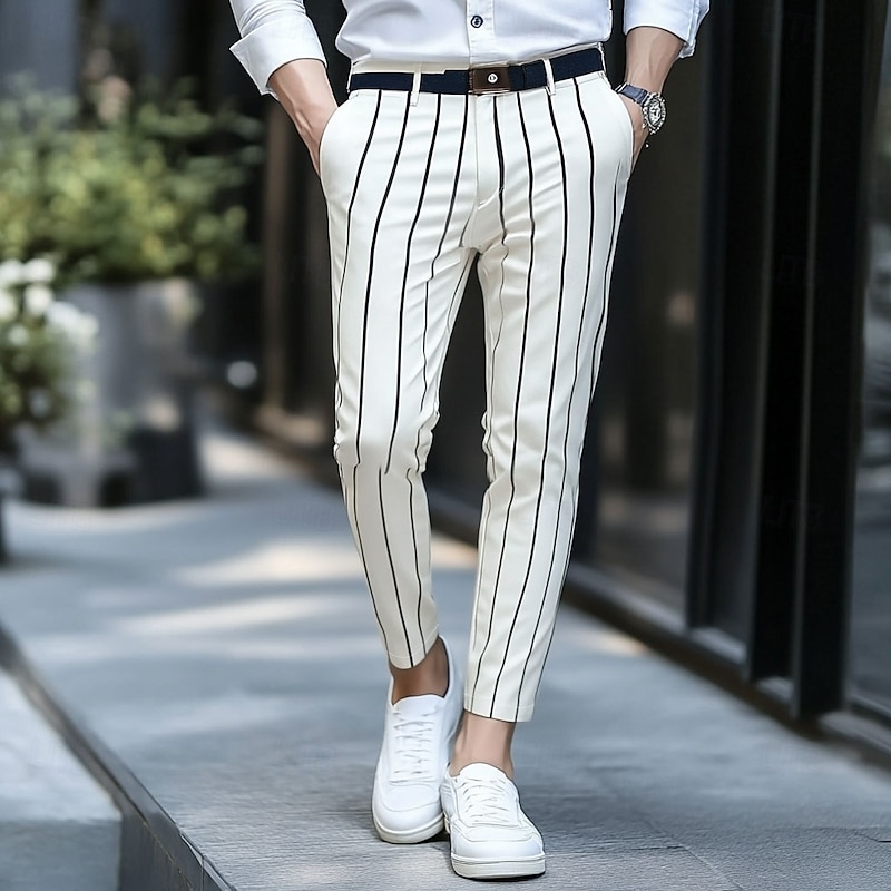 Men's Geometric Striped Dress Pants Trousers Mid Waist Business Casual Outdoor Vacation Streetwear with Pockets Slim Fit Flat-Front Summer Spring Fall 3D Print Yellow Beige Gray3