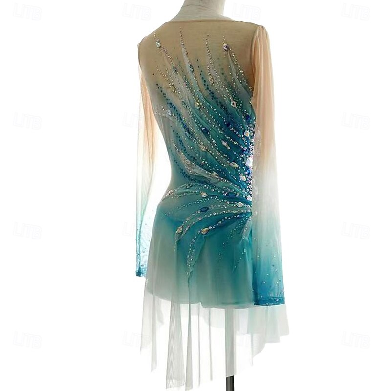 Figure Skating Dress Women's Girls' Ice Skating Dress Green Patchwork Asymmetric Hem Mesh Spandex Stretchy Training Practice Professional Skating Wear Crystal / Rhinestone Long Sleeve Figure Skating3