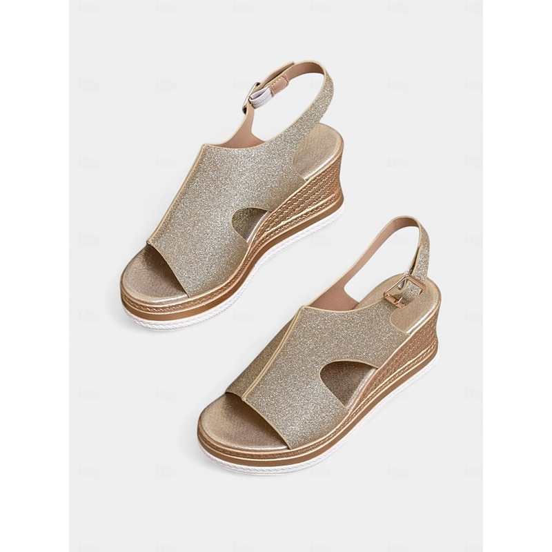 Women's Glitter Gold Wedge Sandals with Cut-Out Design, Adjustable Strap,  Perfect for Summer Parties, Weddings, and Evening Events4