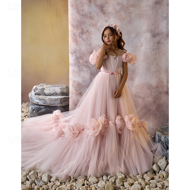 Flower Girl Dress Girls' First Communion Dress Party Dress Wedding Party Princess Sweet Christmas Carnival Ruched Solid Color Strapless Crew Neck White Pink 4 years+3