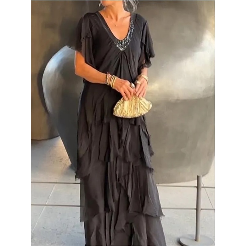Women's Maxi Dress Casual Dress Elegant Stylish Casual Vacation Party Daily Regular Fit Plain Short Sleeve V Neck Black Green Gray Summer Spring Fall3