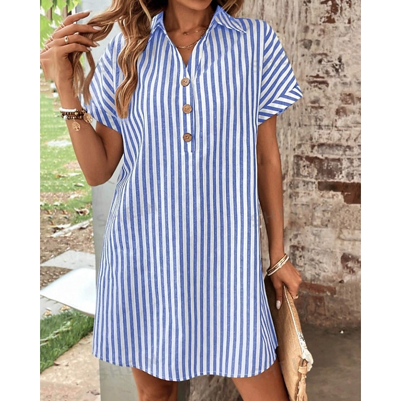 Women's Mini Dress Shirt Dress Casual Dress Summer Dress Stylish Casual Vacation Daily Date Regular Fit Stripe Short Sleeve Lapel Black Blue Summer Spring3