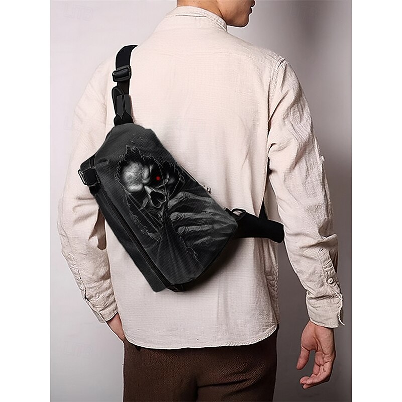 Men's Gothic Skull Crossbody Bag – Multi-Pocket Large Capacity Black Sling Bag with Adjustable Strap, Perfect for Casual, Outdoor and Festival Wear
