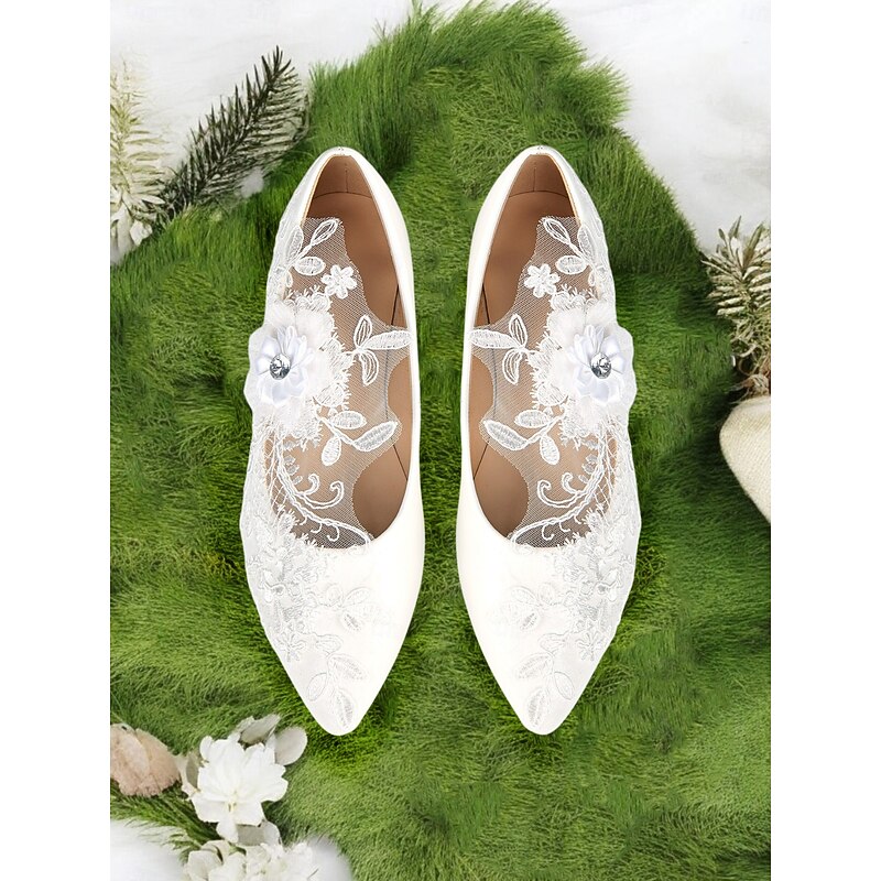 White Lace Wedding Shoes with Floral Appliqué and Mesh Design for Brides for Formal Occasions