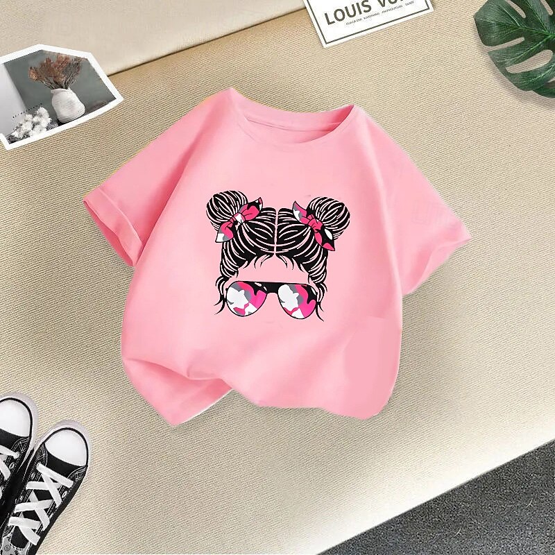 Multi Packs 3 Pairs Girls' Crew Neck Short Sleeves Black+Pink+White T Shirt Cartoon Vacation Daily Wear Cotton Spring & Summer3