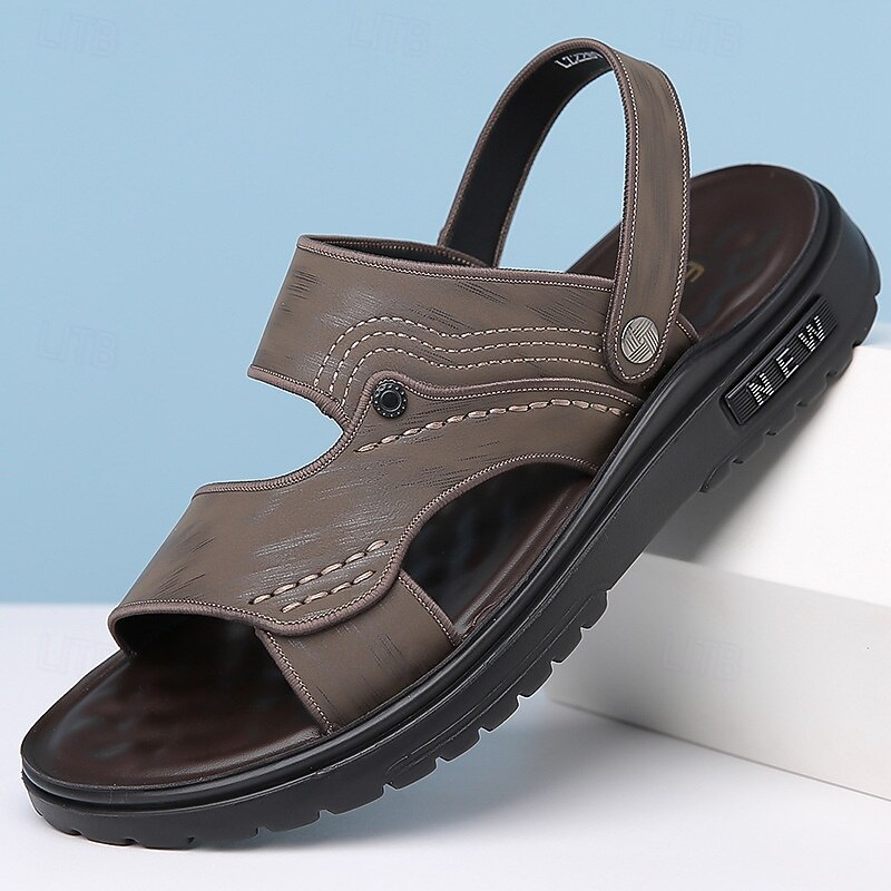 Men's Comfortable Brown Faux Leather Sandals - Open-Toe Casual Summer Footwear with Adjustable Straps for Outdoor and Everyday Use2