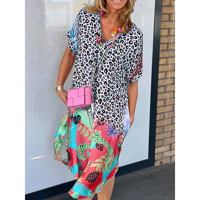 Women's Long Dress Maxi Dress Sundress Summer Dress Vintage Stylish Vacation Daily Loose Fit Graphic Leopard Short Sleeve V Neck Pink Blue Orange Brown Summer2