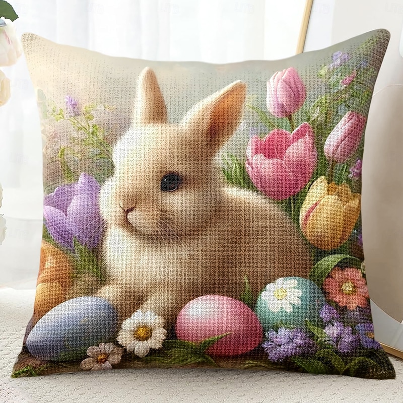 Easter Decorative Toss Pillows Cover 1PC Bunny Eggs Soft Square Couch Cushion Case Pillowcase for Bedroom Livingroom Sofa Chair4