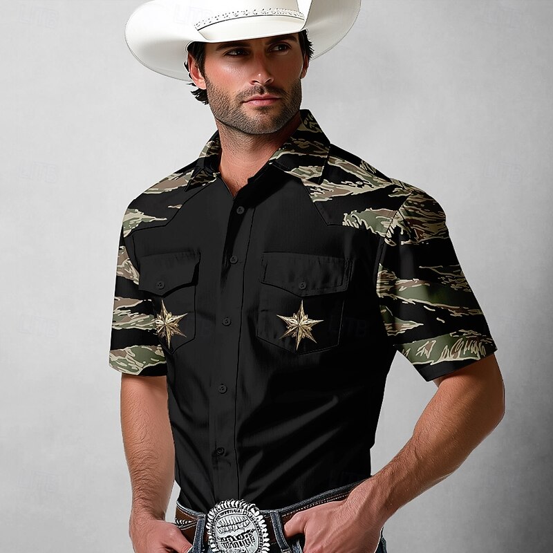 Men's Camouflage Stars Western Shirt Button Up Shirt Cowboy Shirt Long Sleeve Western Vintage Retro Outdoor Casual Spring Fall Turndown Collared Shirts Front Two Pockets Black Green Khaki2