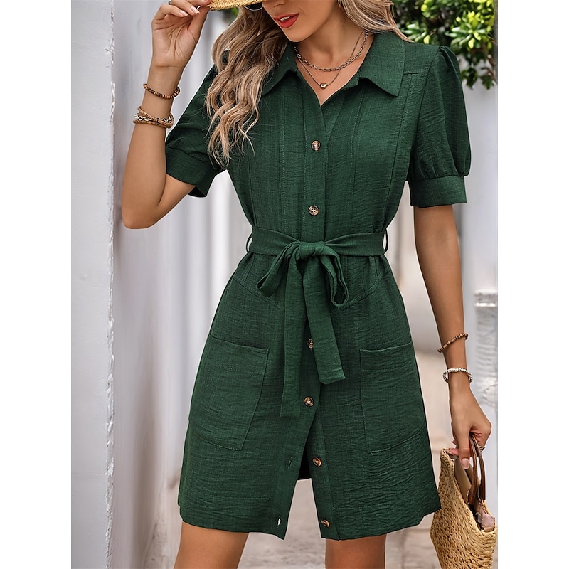 Women's Long Dress Maxi Dress Linen-Inspired Dresses Shirt Dress Casual Dress Elegant Stylish Casual Vacation Party Work Regular Fit Plain Short Sleeve Shirt Collar Army Green Summer Spring