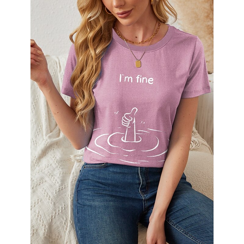 Women's T Shirt Letter Casual Short Sleeve Round Neck Regular Tops Daily Print Pink Red Blue Summer3