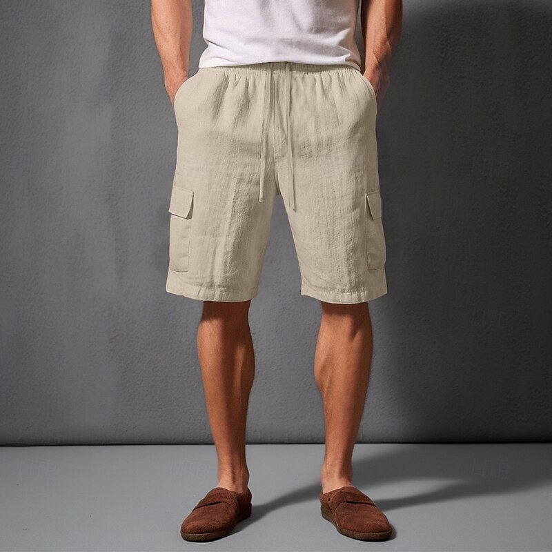 Men's Cargo Shorts Shorts Linen Shorts Summer Shorts Beach Shorts Drawstring Elastic Waist Multi Pocket Plain Knee Length Classic Style Casual Black White Inelastic