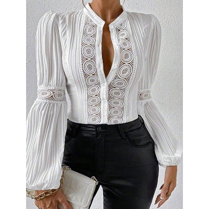 Women's White Elegant Lace Tops Eyelet Blouse Casual Solid Color Regular Tops Long Sleeve High Neck Lace Patchwork Buttons Regular Fit Daily White Beige Romantic Petite Tops Summer Holiday Wear