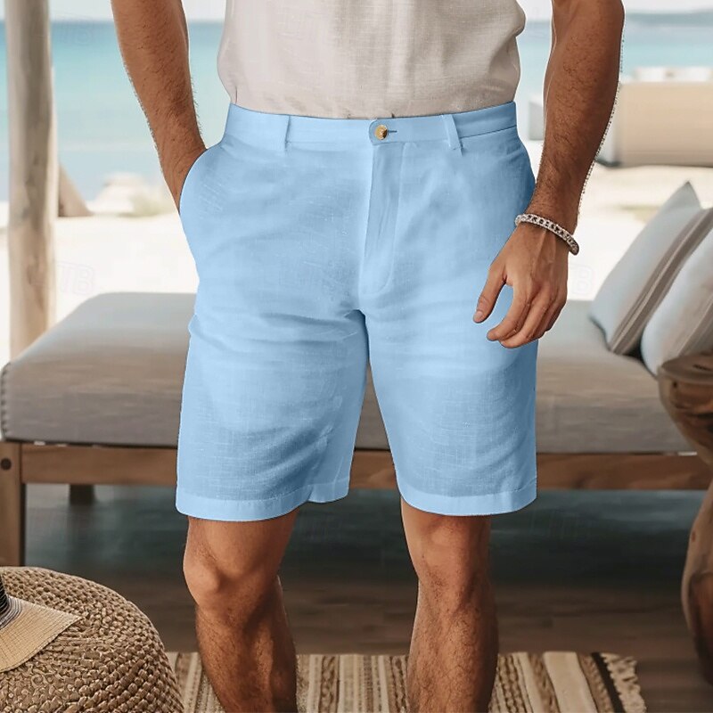 Men's Shorts Linen Shorts Dress Shorts Summer Shorts Beach Shorts Pocket Buttons Straight Leg Plain Comfort Breathable Knee Length Vacation Daily Holiday Fashion Smart Casual Black White3