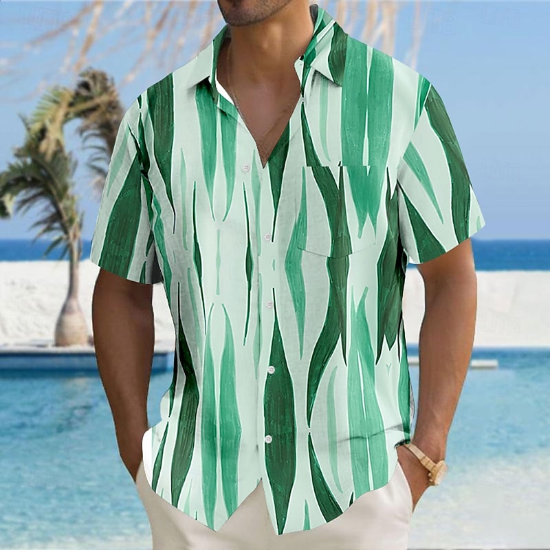 Men's Abstract Geometic Shirt Button Up Shirt Short Sleeve Fashion Casual Vacation Holiday Beach Wear Summer Fall Turndown 3D Print Collared Shirts Front One Pocket Green