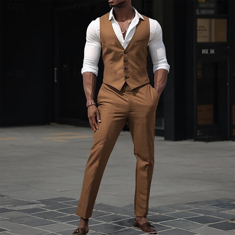 Men's Wedding Casual Suits Brown Fashion Daily Solid Colored Standard Fit 2 Piece2