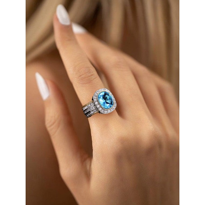 Luxury Blue Simulated Diamond Cocktail Ring – Vintage-Inspired Statement Jewelry with Crystal Accents for Women, Perfect for Weddings and Special Events4