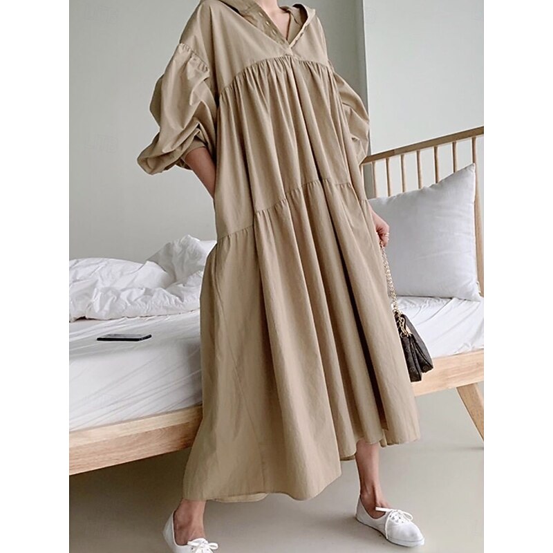 Women's Maxi Dress Linen-Inspired Dresses Shirt Dress Basic Casual Vacation Daily Regular Fit Plain Long Sleeve Hooded Black Khaki Spring Fall4