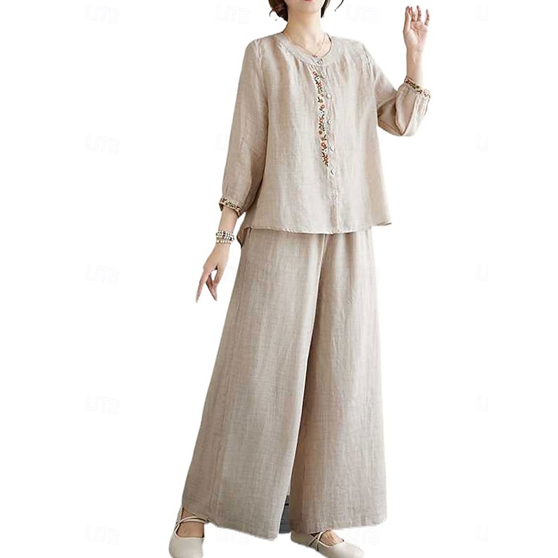 Women's Elegant Vintage Fashion Shirt Linen-Inspired Sets Two Piece Sets Chinos Pants Trousers Long Sleeve Crew Neck Solid Color Outdoor Work Casual Purple Beige Summer Regular Fit2