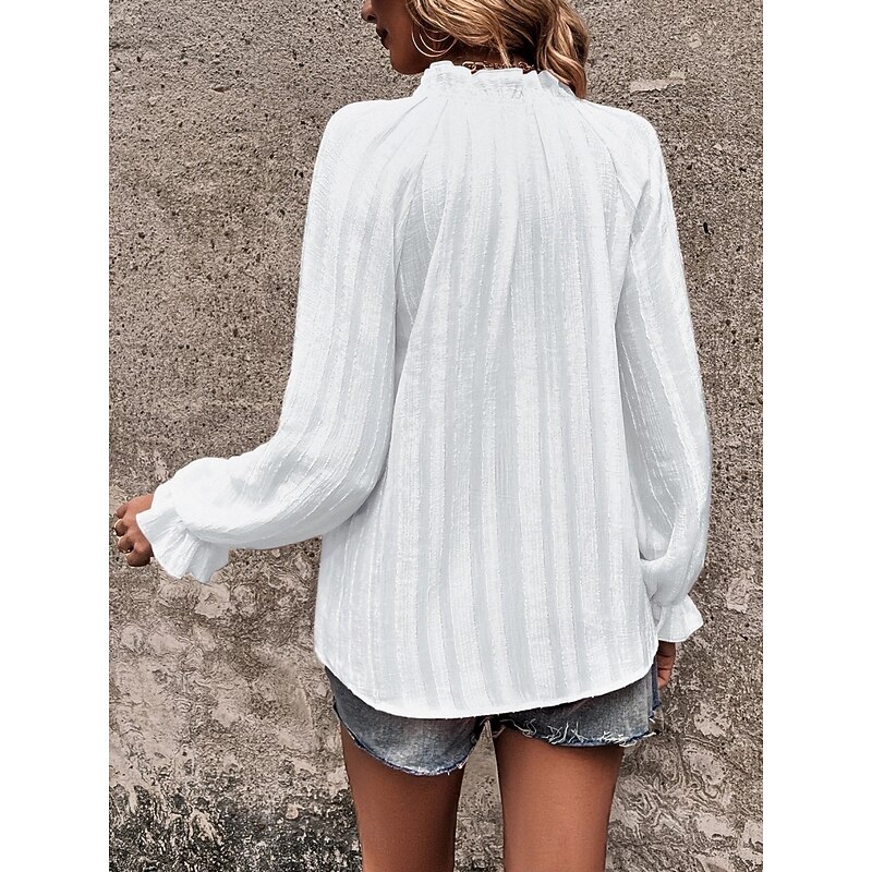 Women's Shirt Blouse Solid Color Stylish Casual Long Sleeve Notched Neck Regular Tops Daily Buttons Eyelet White Summer2
