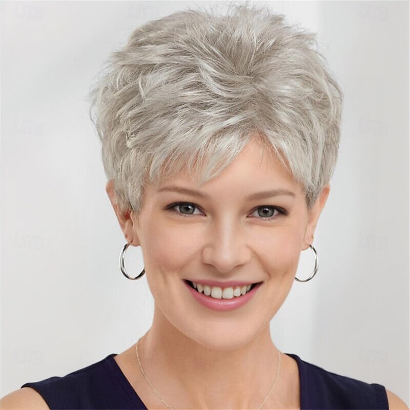 Synthetic Wig Curly Pixie Cut Machine Made Wig Short A1 Synthetic Hair Women's Soft Fashion Easy to Carry Silver2