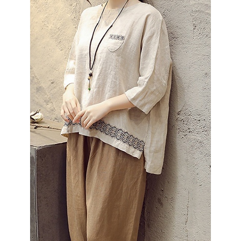 Women's Shirt Blouse Cotton Linen Shirts Geometric Basic Casual 3/4 Length Sleeve Crew Neck Regular Tops Daily Patchwork White Brown Green Summer Spring4