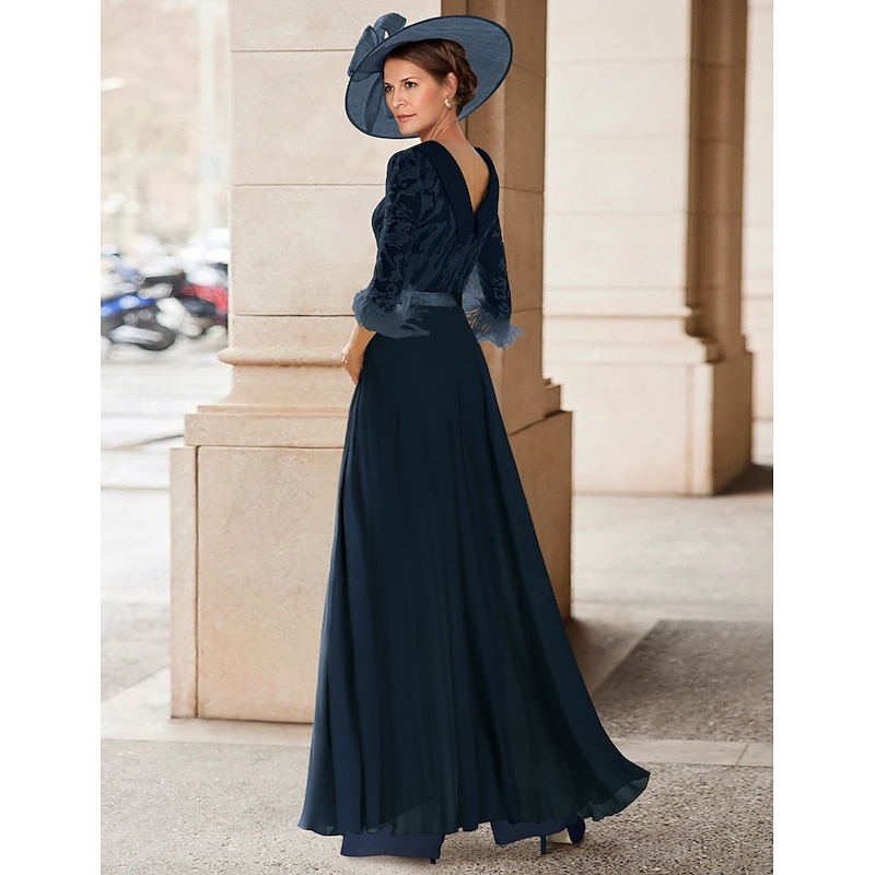 Jumpsuit Mother of the Bride  Beach Wedding Elegant Vintage Jewel Neck Floor Length Chiffon Half Sleeve with Feather Sequin Appliques2