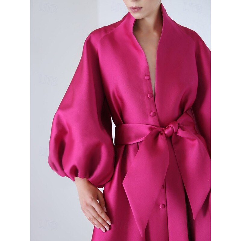 Satin A-Line Evening Gown Elegant Dress Formal Asymmetrical Long Sleeve Stand Collar Pocket with Bow(s) Pocket Dresses3