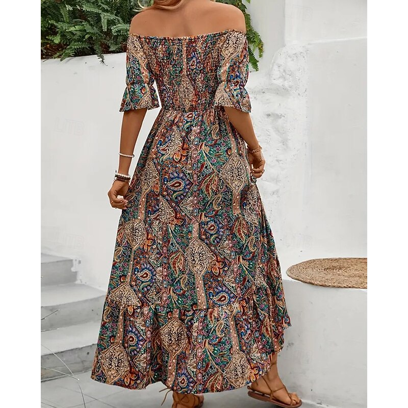 Women's Long Dress Maxi Dress A Line Dress Summer Dress Boho Dress Elegant Bohemia Stylish Vacation Daily Date Regular Fit Graphic Short Sleeve Off Shoulder Green Dark Blue Summer4