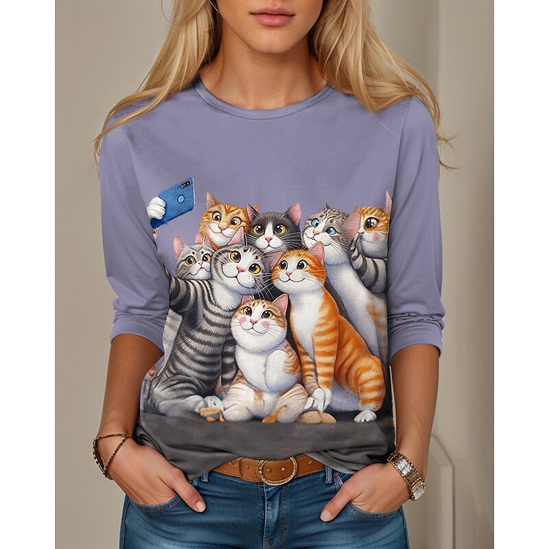 Women's T shirt Crew Neck Long Sleeve Tunic Animal Casual  Regular Tops Daily Print Purple Spring Fall2