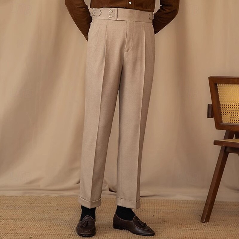 Men's Graduation Dress Pants Trousers Chinos Buttons Pocket Plain Comfort Formal Party Work Fashion Classic Style Black Brown Micro-elastic